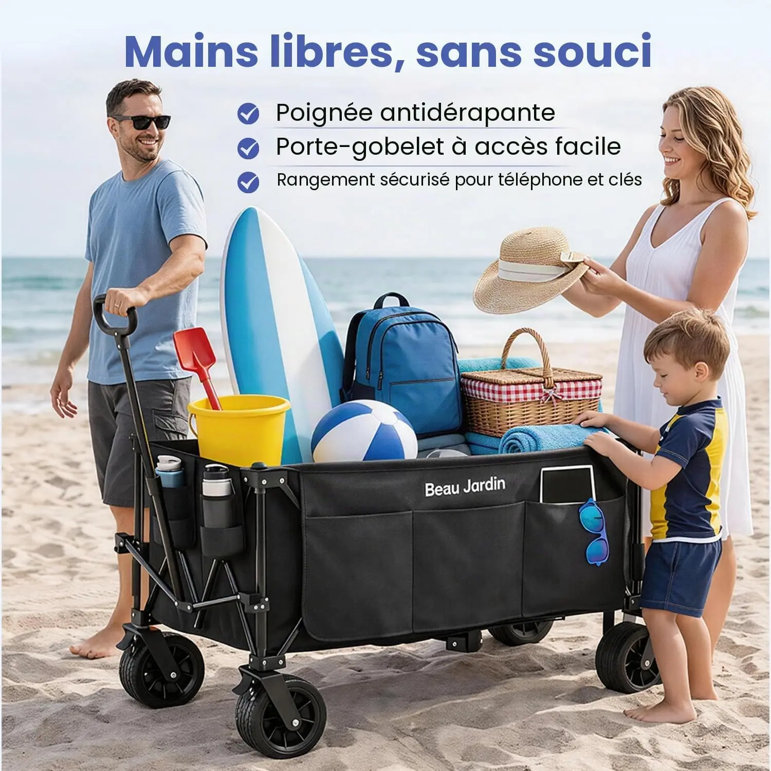 Chariot pliable tout-terrain 250 kg 300 L – Roues XXL 18 x 10 cm avec frein, poche latérale, toile 600D imperméable, structure renforcée – Pour la plage, le camping, la pêche, le jardin, le transport