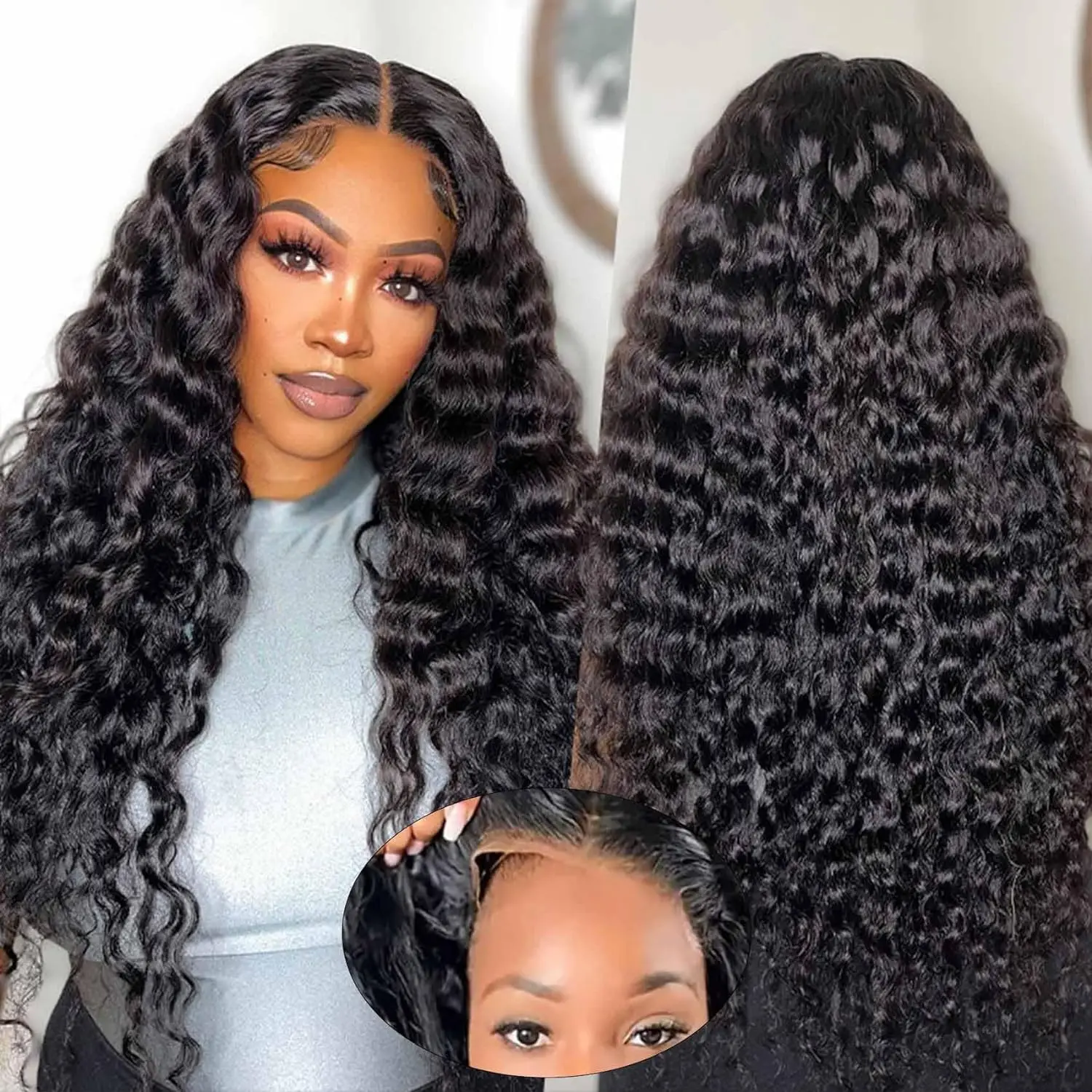 Wear And Go Deep Wave 13x4 HD Glueless Wig Brazilian Curly Human Hair Wigs For Women Lace Front Human Hair Wig Pre Plucked 180%