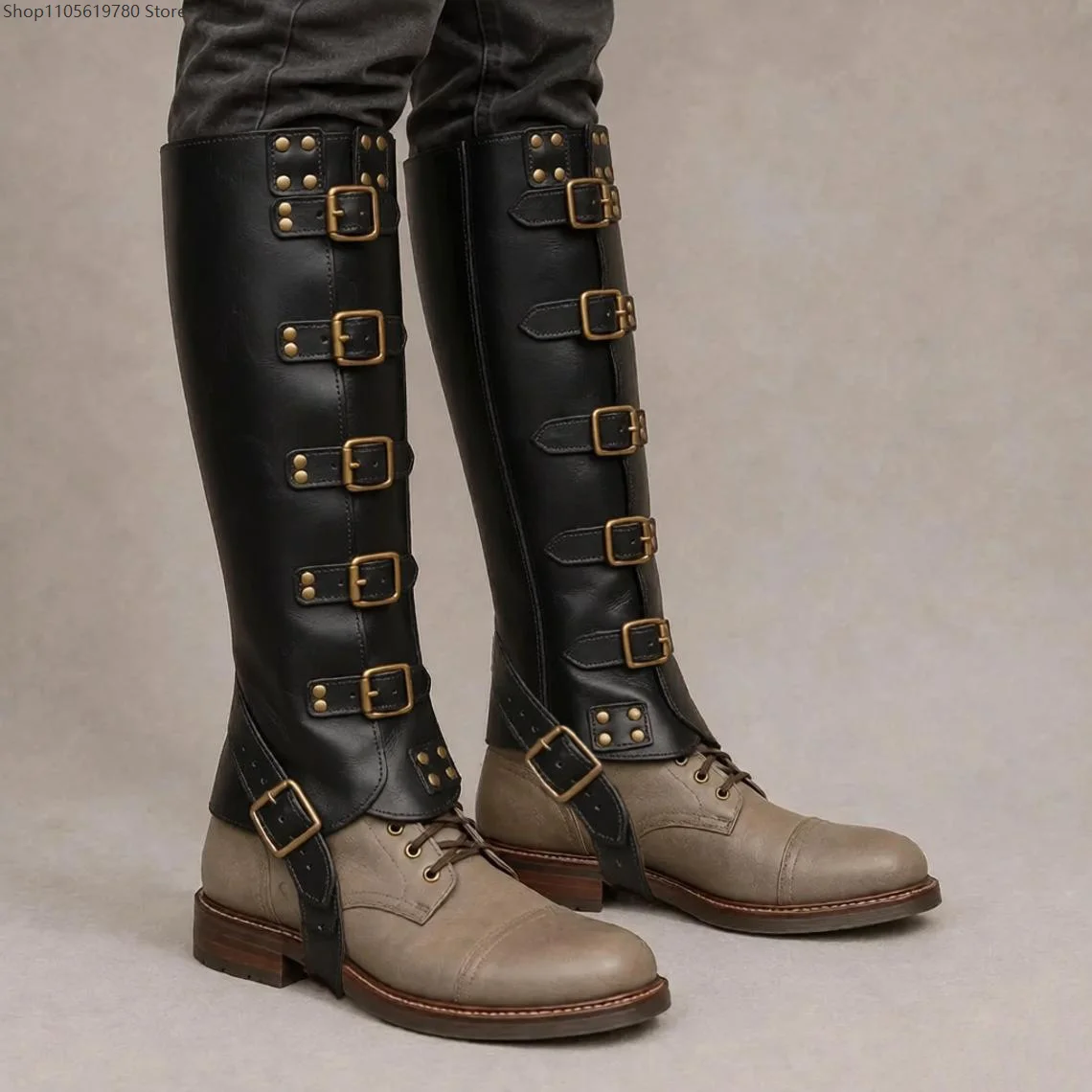 Medieval Steampunk Role Play Accessory Faux Leather Boot Covers Multi Buckle Rivet Boot Cuffs For Carnival Party Costume Decor