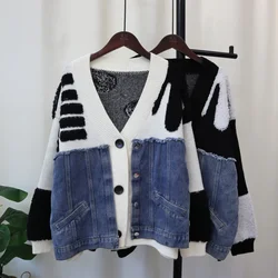 Cardigan Women 2024 Autumn Winter Sweater Coat Knitted Denim Patchwork V Neck Single Breasted Pockets Casual Knitting Jacket