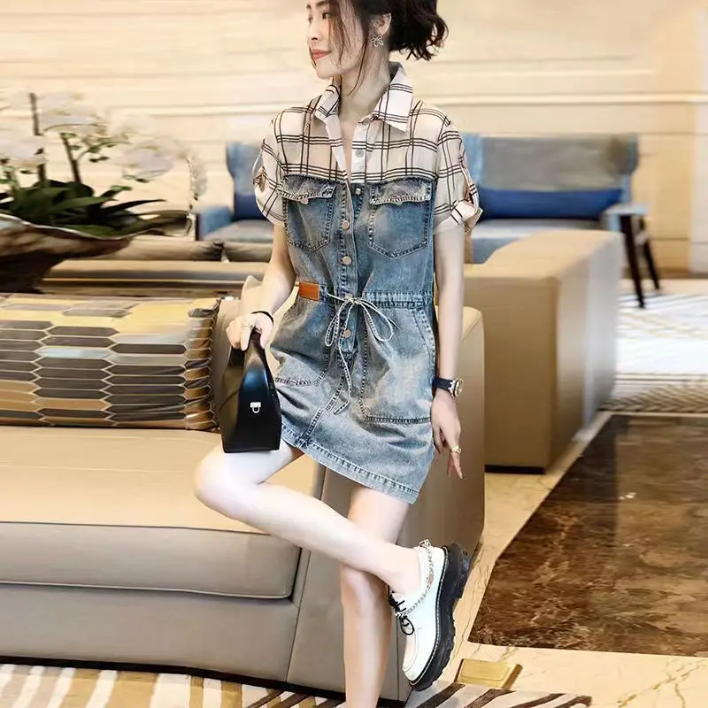 

Summer Dress New 2023 Women's Loose Lace-Up Plaid Stitching Short Sleeve Dress Med-Long Dress Fashion Female Elegant Denim Dress