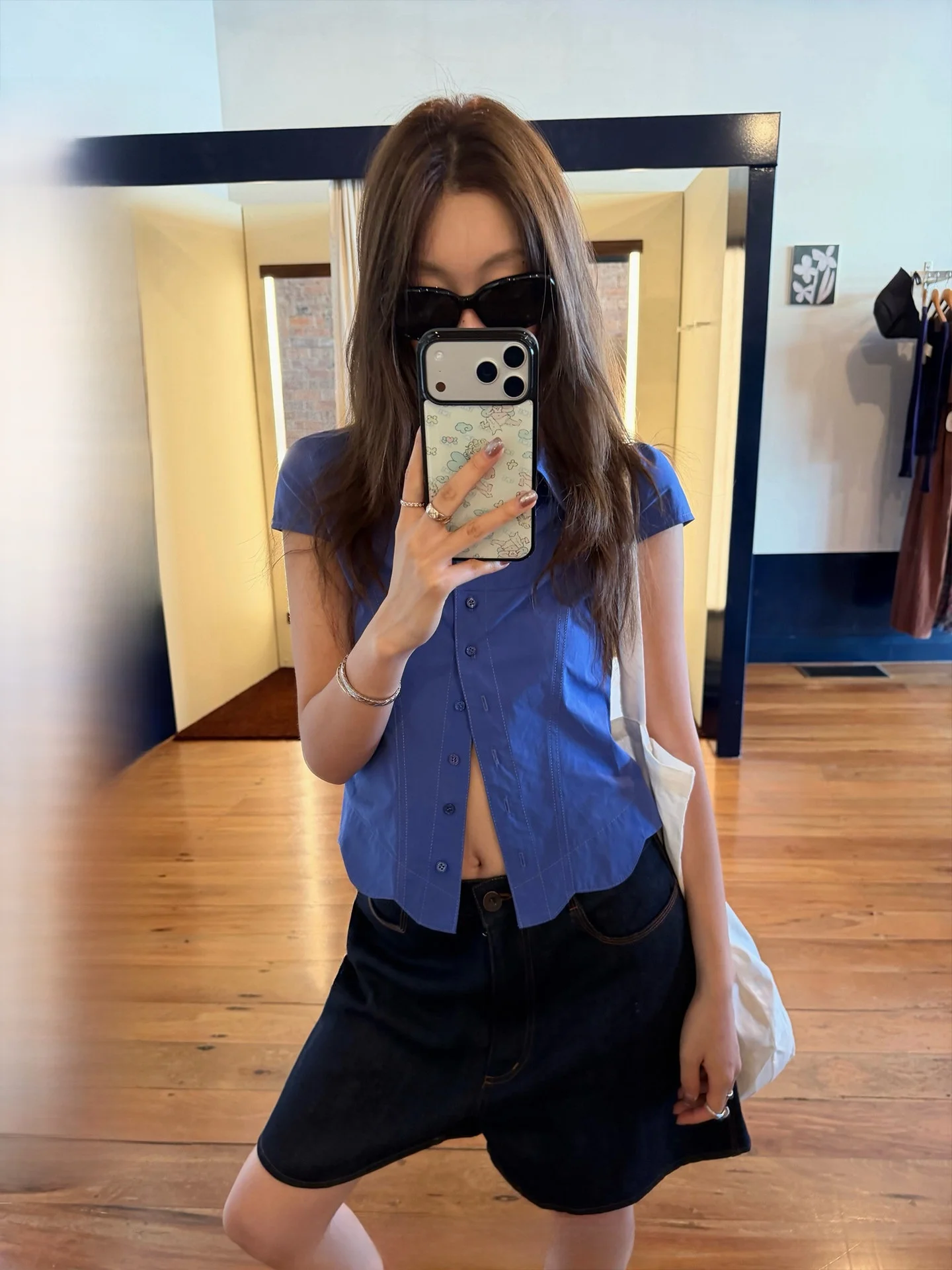 

Ranwear London Newspaper Retro Turn-down Collar Short Sleeve Slim-fit Wave Hem Shirt Short Top Women's Cotton Breathable Summer