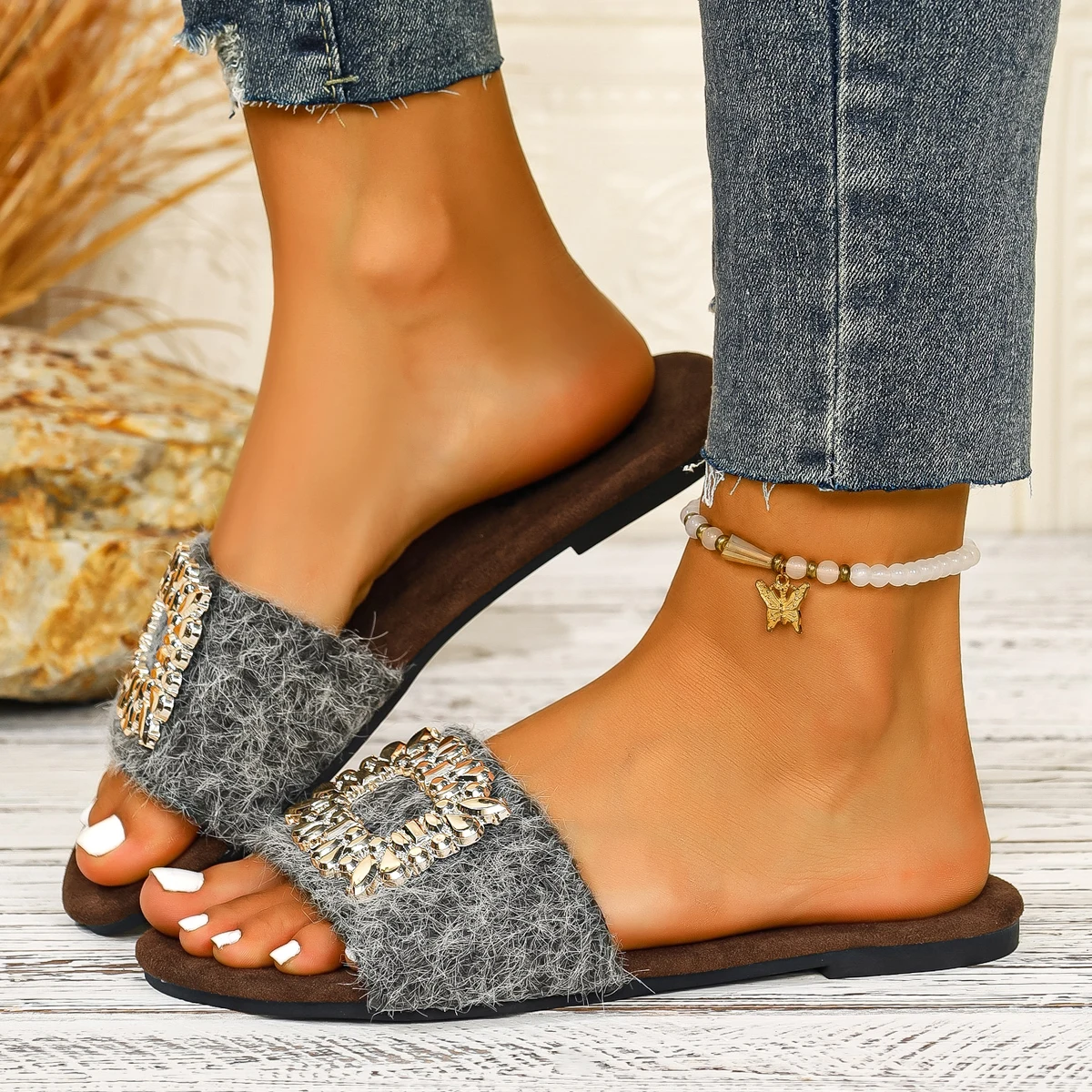 النساء النعال الصيف في الهواء الطلق الصنادل المسطحة الماس مزين الأحذية المنسوجة حجم كبير مريحة الانزلاق على النعال الشرائح النساء #4