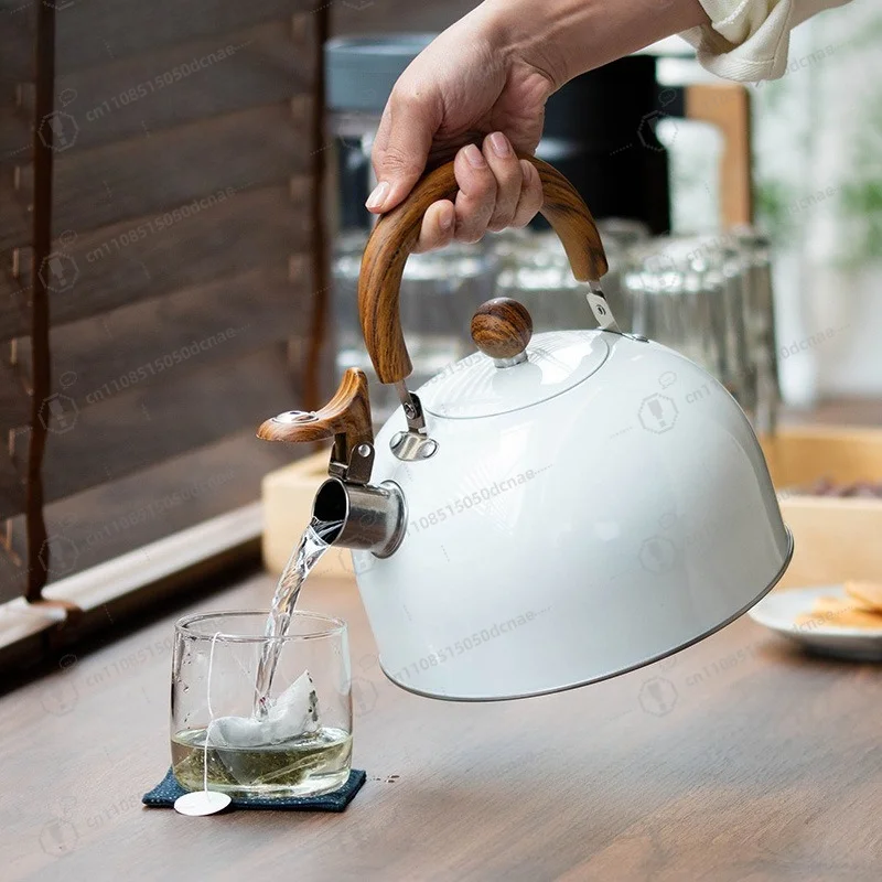 3L White Whistling Water Kettle Wood‑Grain Handle Stove‑Compatible Pot For Tea Coffee Household Kitchen Cooking Utensil