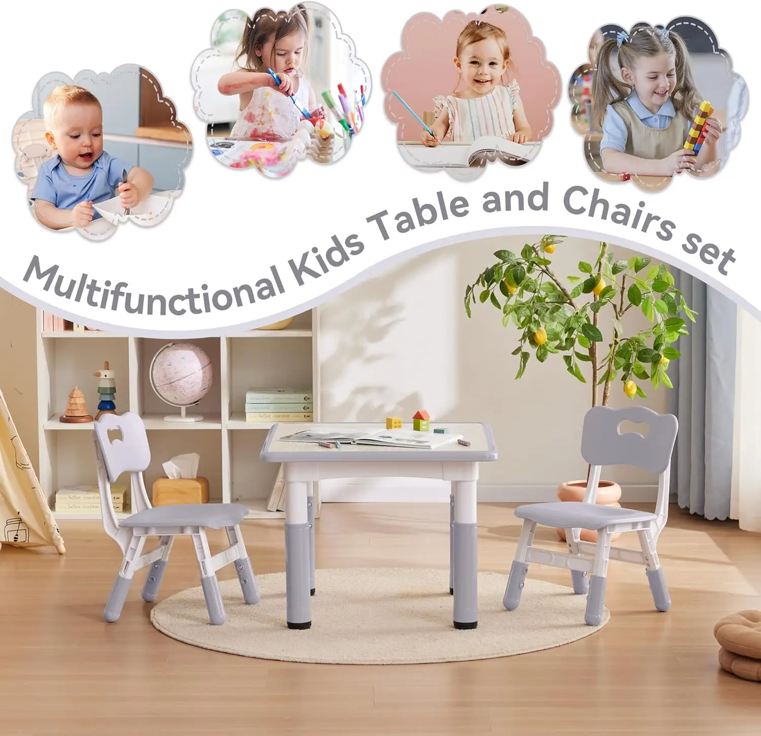 Study Table and Chairs Set, Height Adjustable Toddler Table and Chair Set for Kids Ages 3-8, 23.6" L x 23.6" W Graffiti Desktop