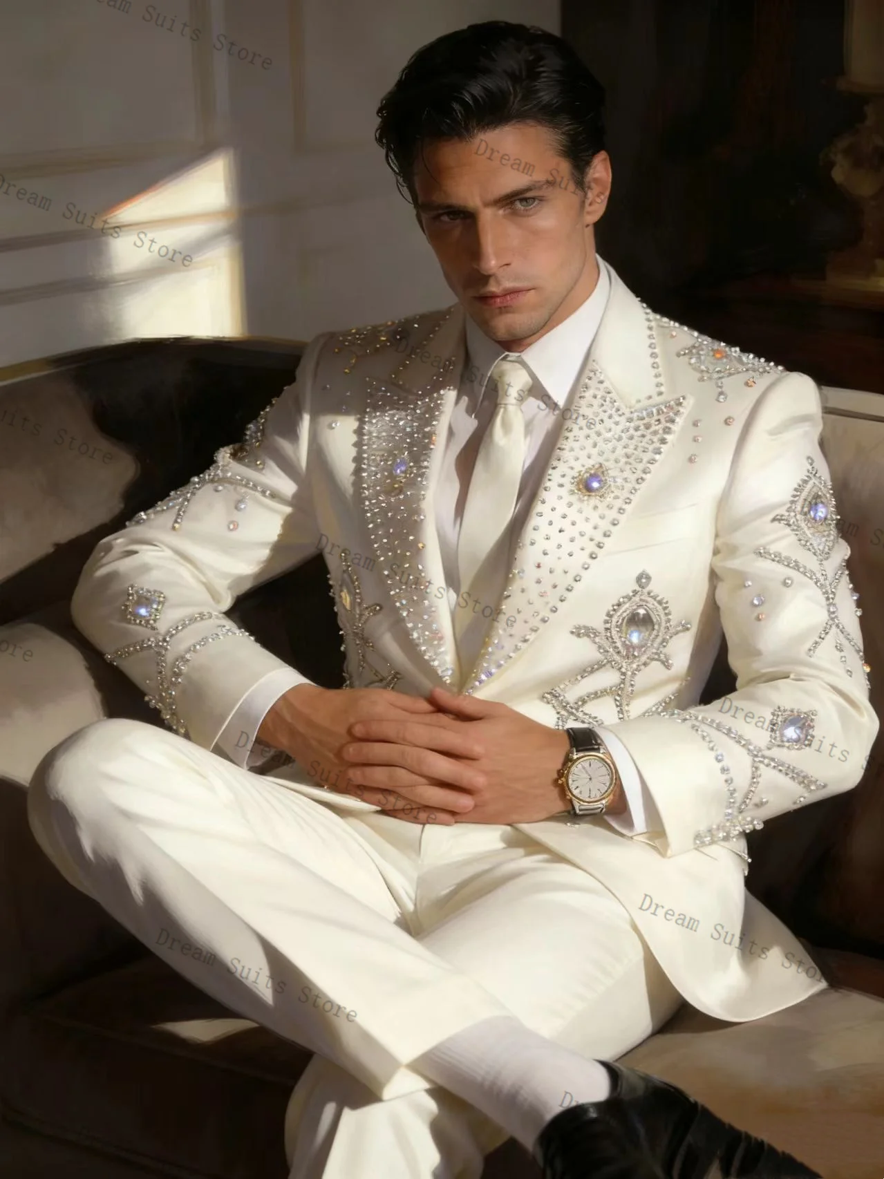 

White Men Suit Set 2 Piece Blazer+Pants Trousers Crystals Stone Customized Formal Office Jacket Wedding Tuxedos Prom Coat