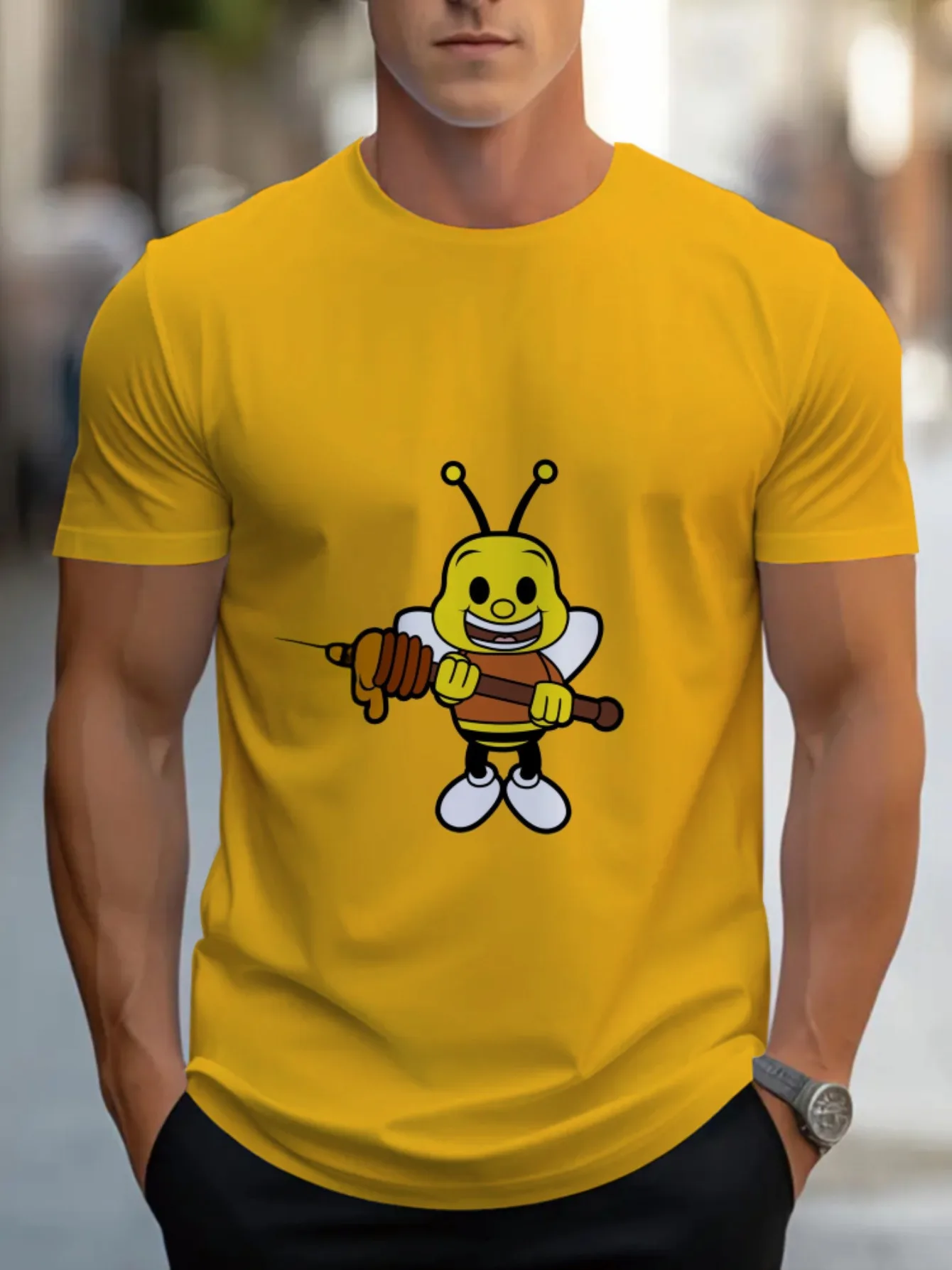 

Men's Bright Yellow T-Shirt Outdoor Machine Washable Everyday Essential Durable Construction, Round Neck Top, Casual Wearers