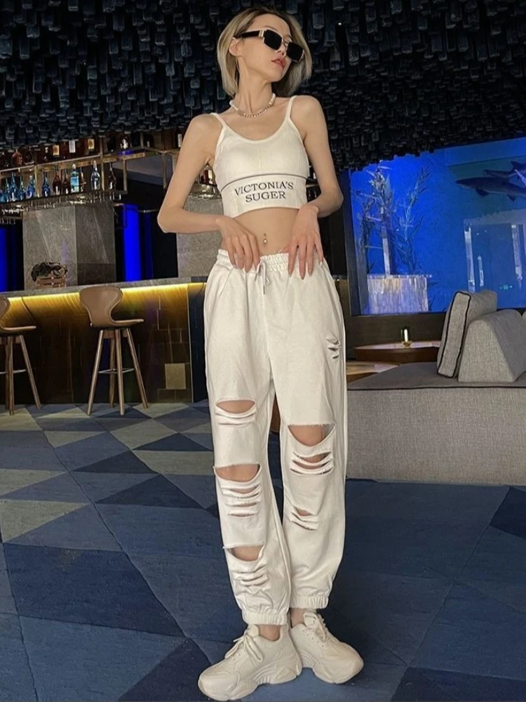 Petite Women's High-Waist Distressed Harem Joggers Slimming Sporty Sweatpants for Spring Summer Fall Fashion Trendy Cuffed Pants
