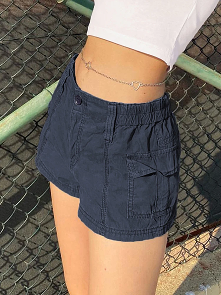 SUCHCUTE Harajuku Women Solid Shorts Vintage Pocket Up Cargo Short Y2K Streetwear Skinny Elastic Waist Clothes 2000s Summer 2024