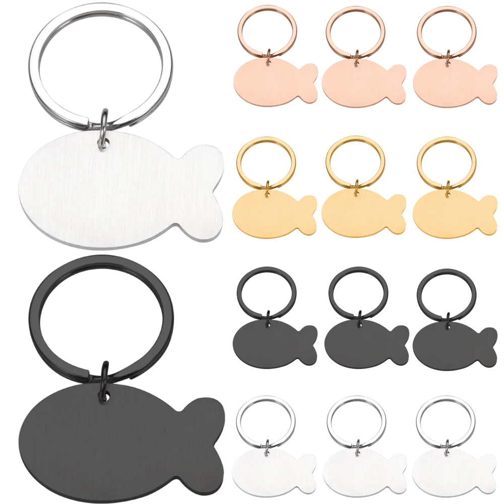 50pcs Blank Pet Cat Tag ID Personalized Fish Stainless steel keychain Custom Cats Kitten Engraved Pet Necklace Wholesale