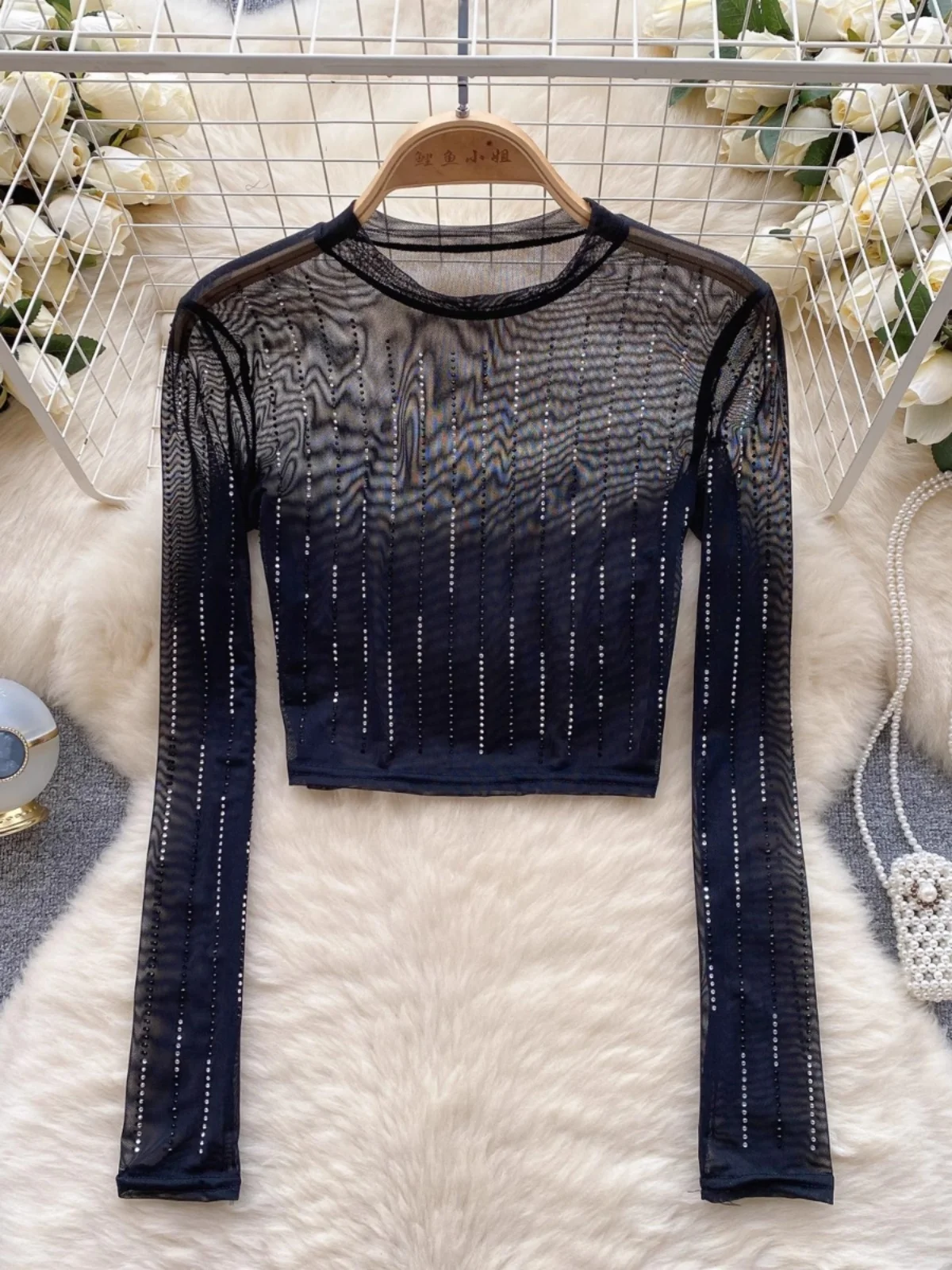 Women's Sexy ort Crop Top Pure Color Long Sve Base irt Heavy Embroidery Me See-tough Belly Baring Korean Sle T-s...