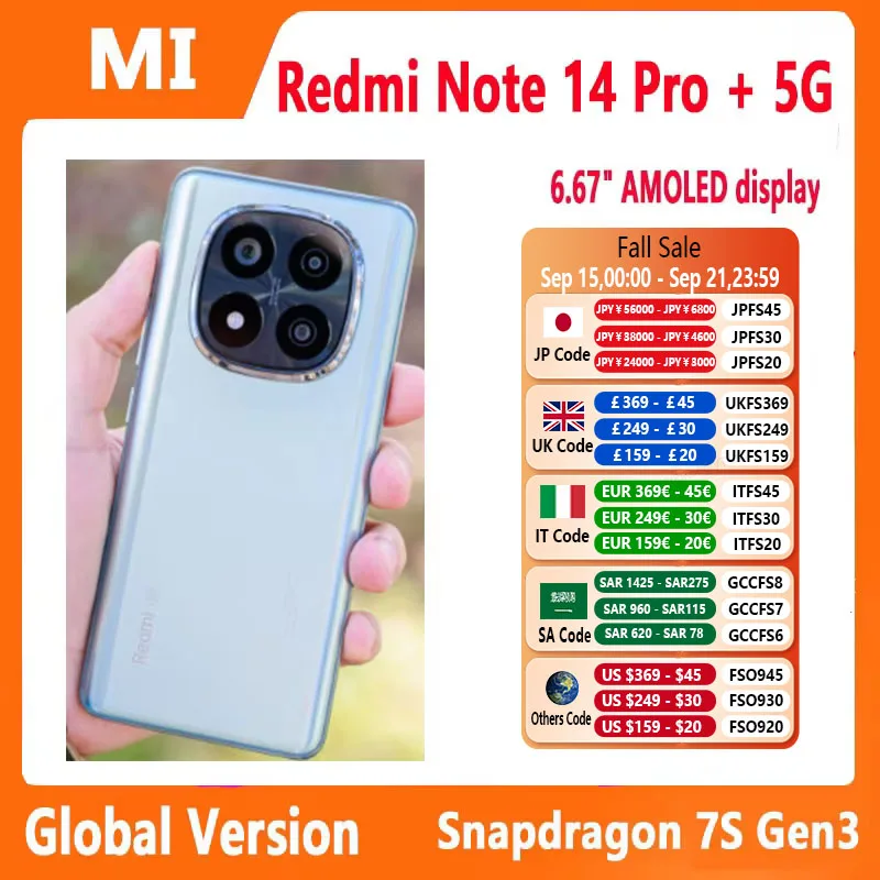 Xiaomi Redmi Note 14 Pro+ Plus 5G Global Version Smartphone Snapdragon 7s Gen 3 NFC 5110mAh 120W HyperCharge 200MP AI Camera