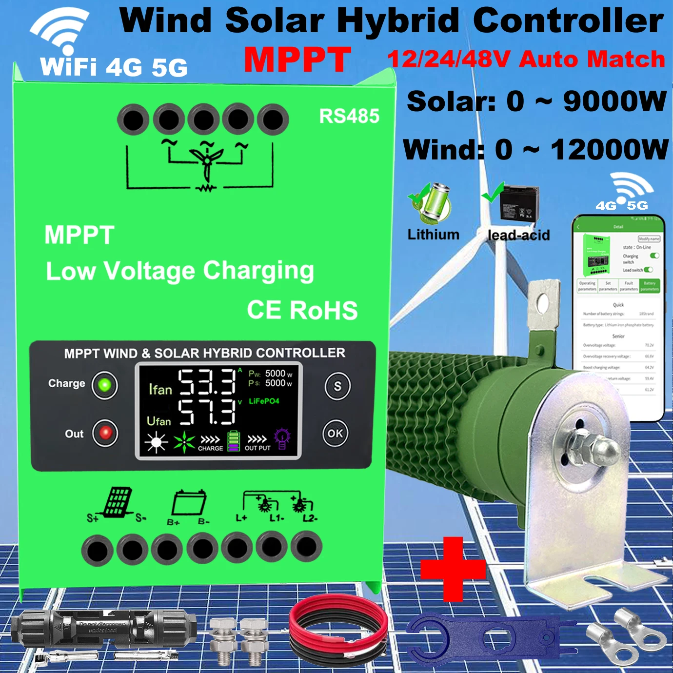 3000W MPPT Wind Solar Hybrid Charge Controller 12 24 48V 80A 160A LCD Display Wifi Monitor For Lifepo4 Lithium Lead Acid Battery