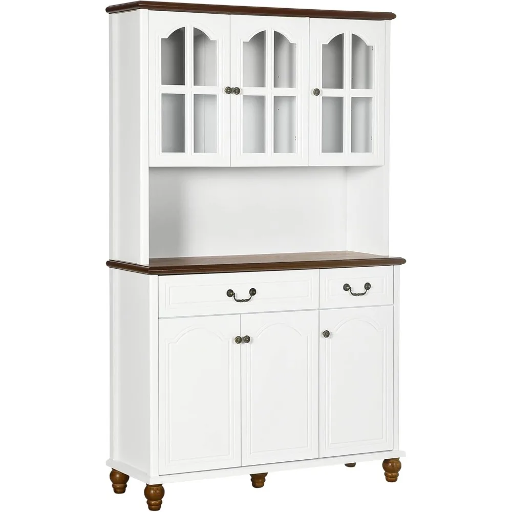 71" Pantry Cabinet, Kitchen Hutch with Soft Closing Window Pane Doors, Freestanding Storage Cabinet,White,Kitchen Cabinets