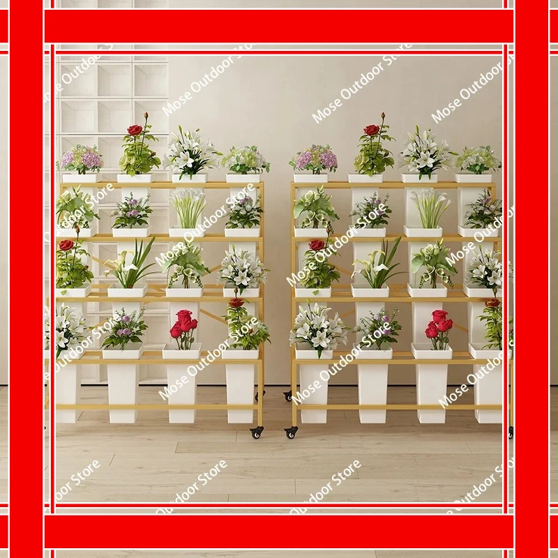

Florist, flower plastic flower bucket holder, indoor, movable with wheels, wrought iron light luxury display stand