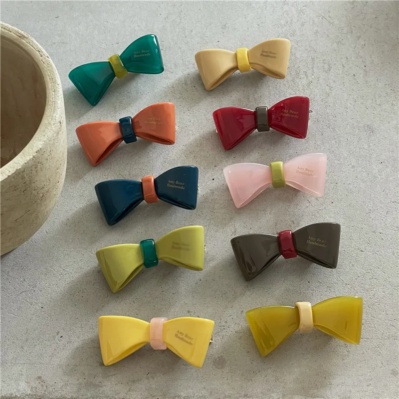 New Sweet Cute Bowknot Hair Clips Acetate Geometric Barrettes Plain Color Hairpins Korean Ins Girls Women Accessories Side Pins