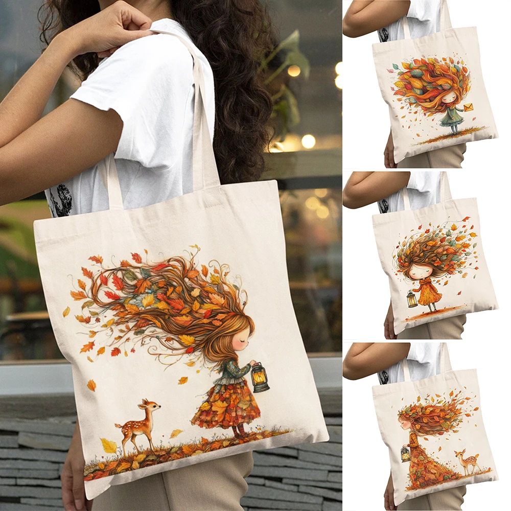 

Casual Leaf Girl Art Shopping Bag Big Capacity Eco Reusable Women Shopper Bags Double Print Lady Tote Shoulder Handbag 40x45cm