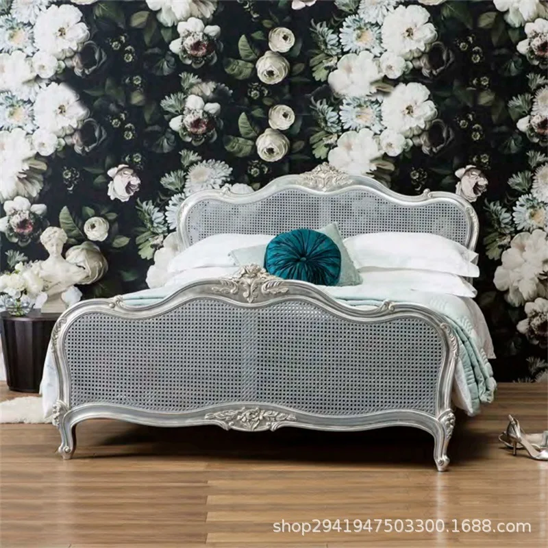 Custom Vintage Rattan Princess Bed Oak Carved Double Bed Fashion Wedding Bed