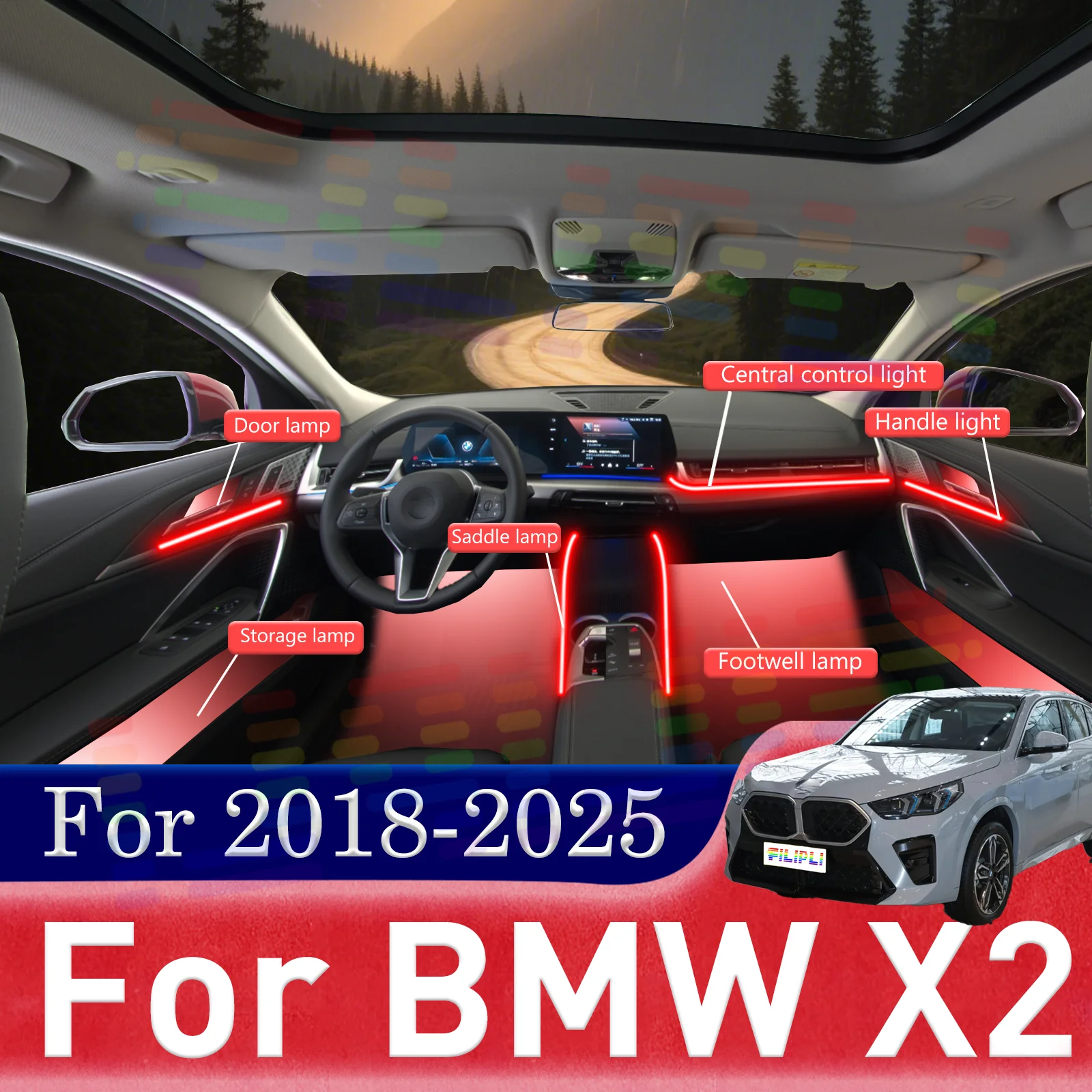 10 In1 for BMW X2 F39 F39 Car LED Ambient Lamps Colorful Atmosphere Light Auto Interior Neon Strip 64 RGB Lighting 64 colors APP