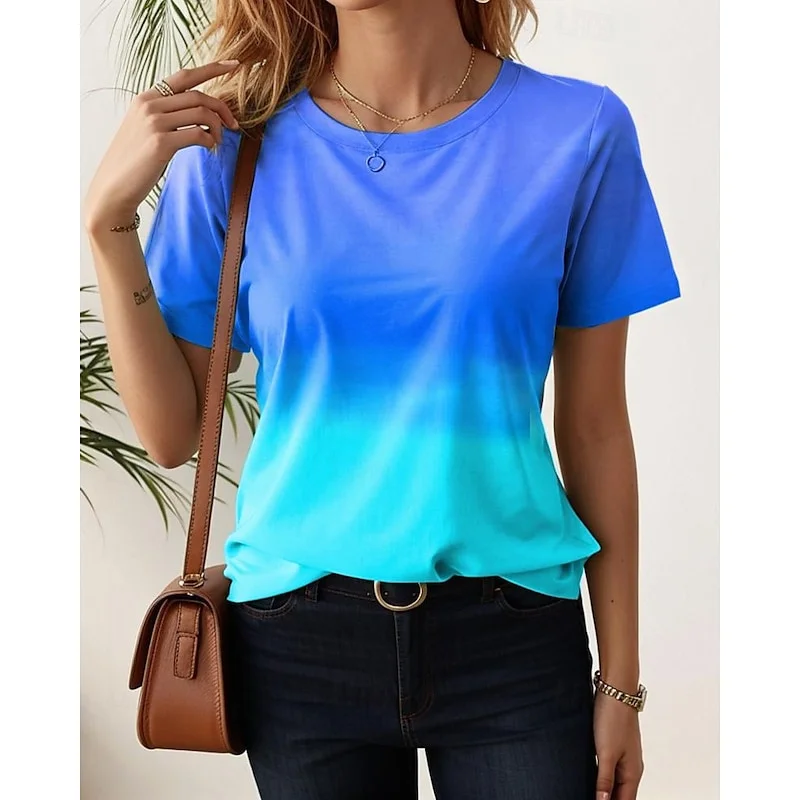 Moda 3D Color Gradient Print T Shirt Dla Kobiet Lato Wygodne Oddychające Damskie Topy z Krótkim Rękawem Casual O-neck Loose Tee