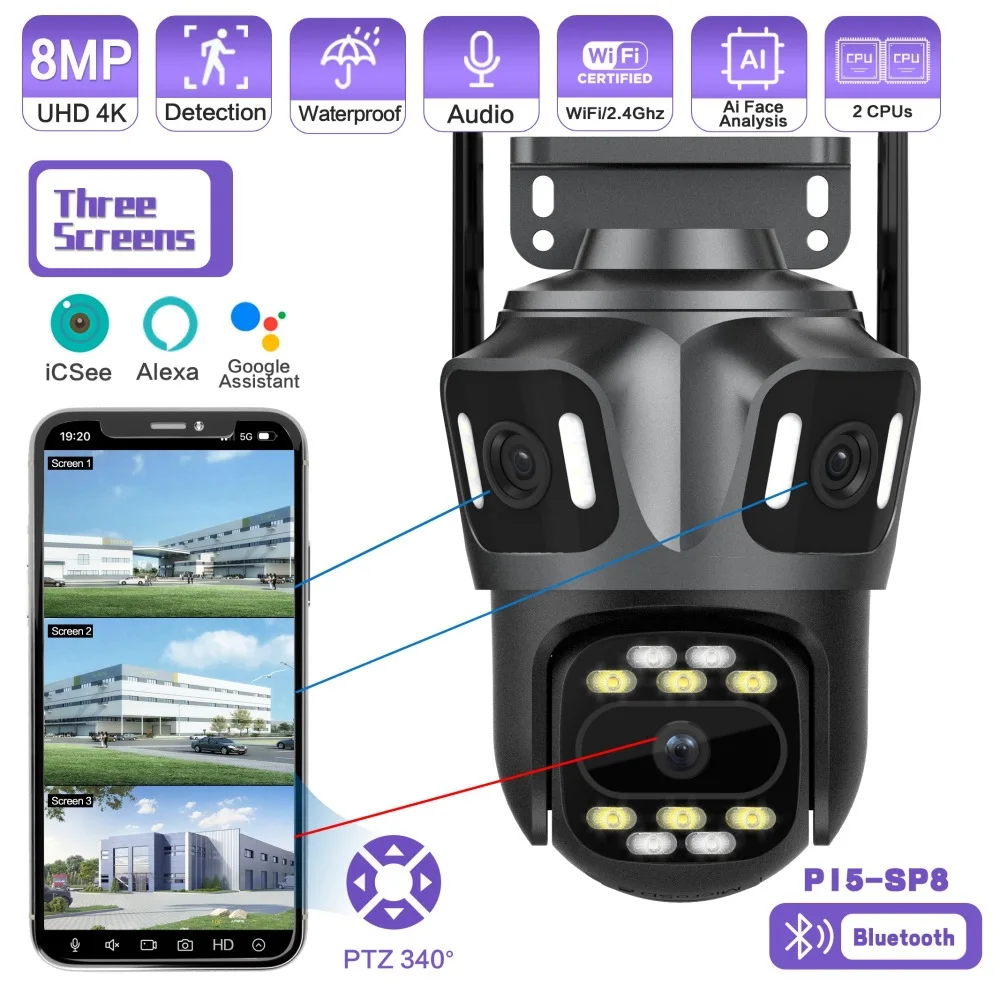 Tir-lens 8MP Outdoor Surveillance Camera Three Screen Auto Tracking Wirelss CCTV Motion Detection Waterproof Wifi Camera ICsee
