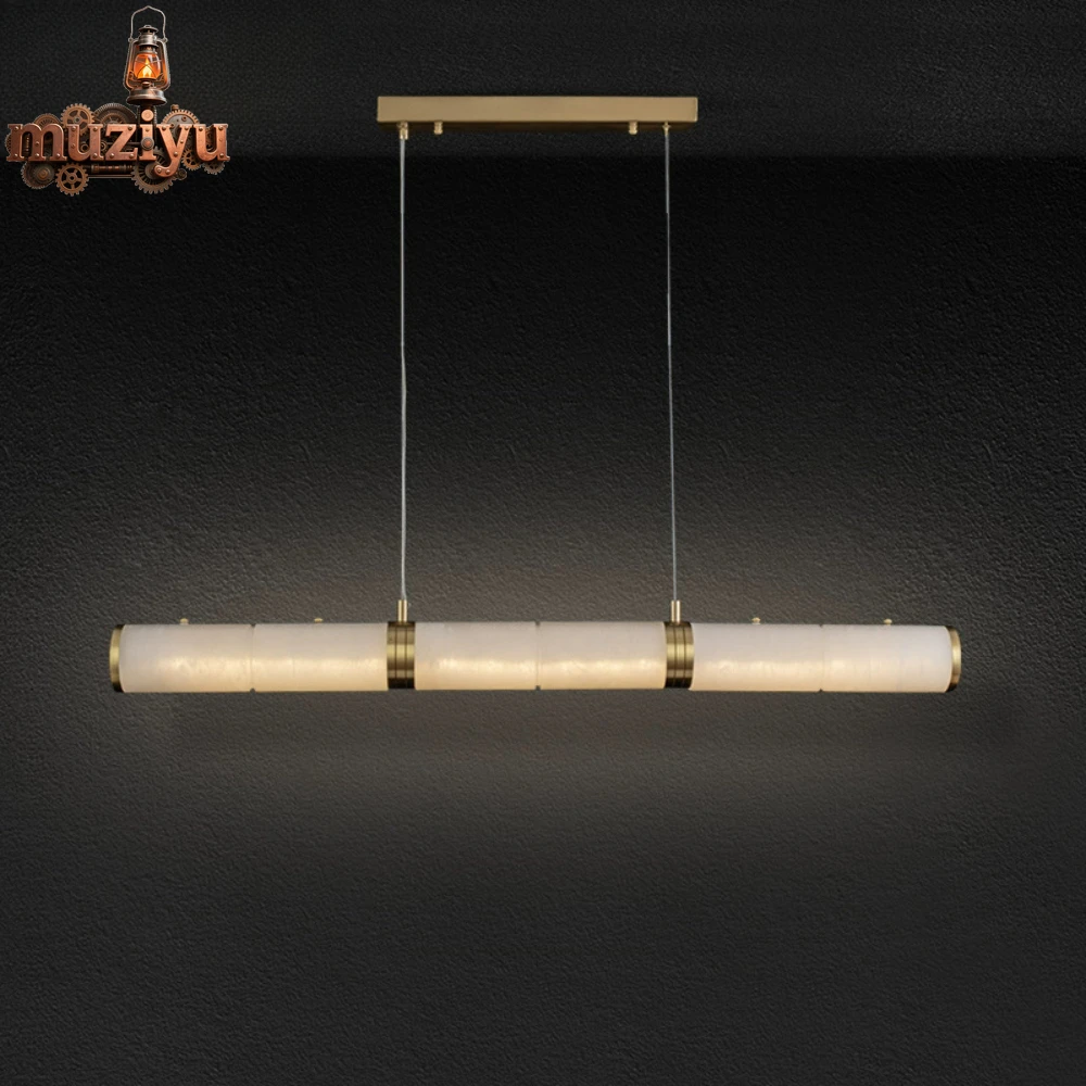 

Muziyu Long Cylinder Natural Marble Chandelier Alabaster Restaurant Simple Living Room Dining Room Strip LED All Copper Pendant