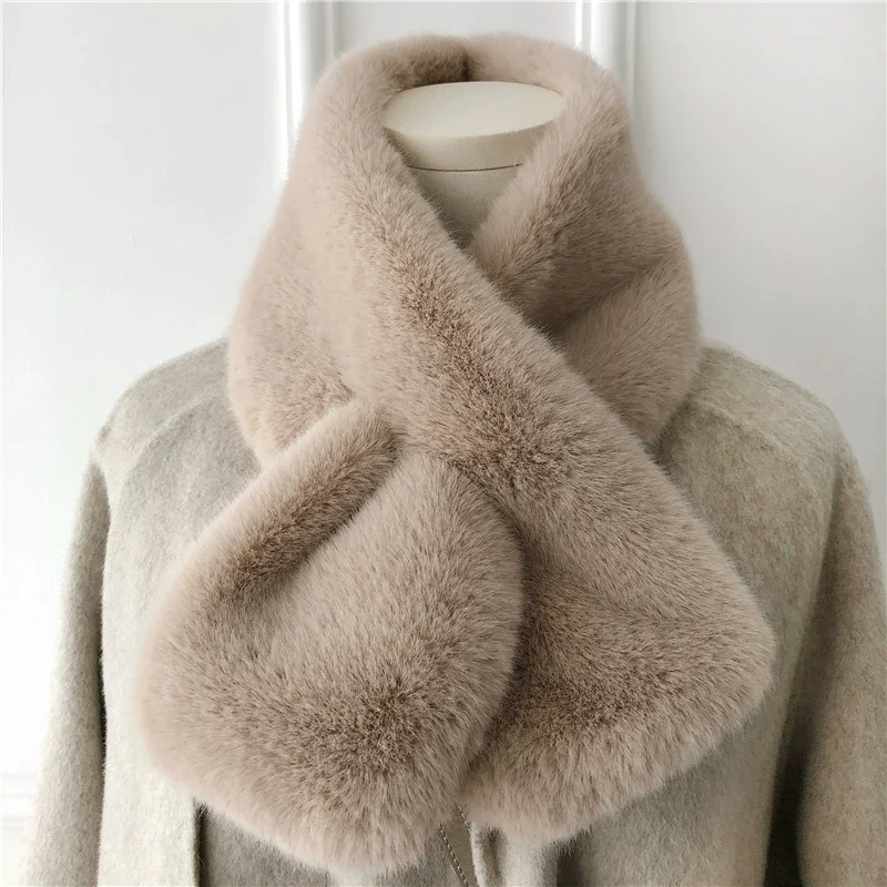 Winter Warm Thicken Scarfs for Women Solid Color Faux Rabbit Fur Plush Cross Collar Scarf Shawl Elegant Warm Soft Neck Scarf