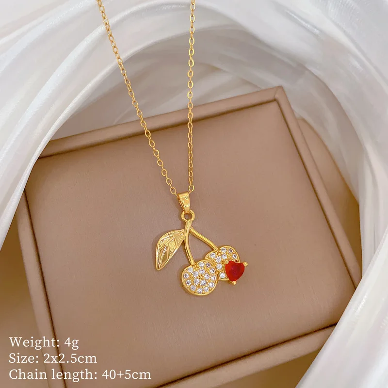 DIEYURO 316L Stainless Steel Cherry Fruit Red Heart Zircon Pendant Necklace Women Trend Fashion Collarbone Chain Jewelry Gift