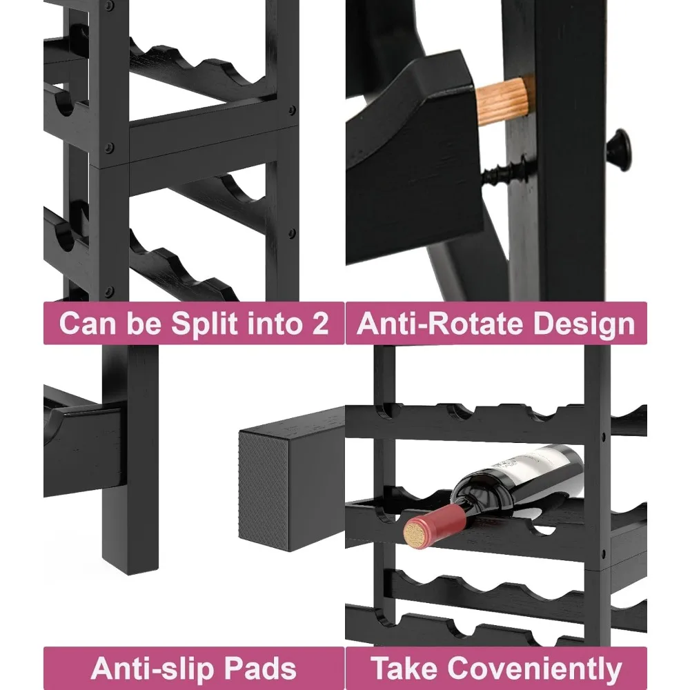 6 Tier Bamboo Wine Rack Freestanding Floor, 24 Bottles Wine Storage Shelves with Brown Table Top, Stackable Wine Display Rack