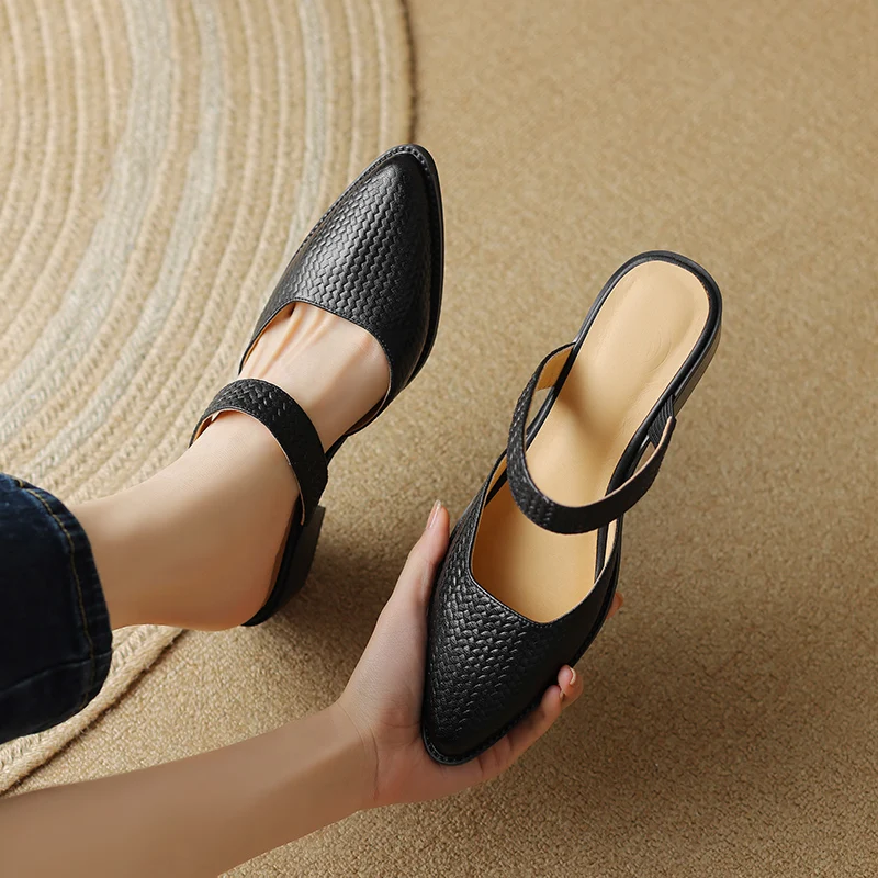 2023 Women Elegant Slippers Genuine Leather 4cm Thick Heels Outside Roman Retro High Quality Shoes Women  Solid Concise  T25