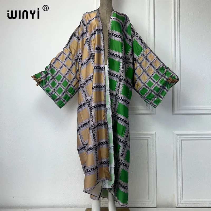 WINYI Kimono Women Summer Digital print Long Sleeve Cardigan Female Blouse abaya Beach Outfits women Cover Up boho maxi dress