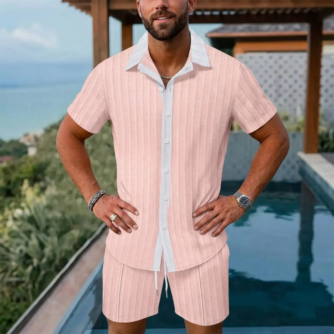 Men's Set, High-Quality Silk Plaid Short-Sleeved Shirt Shorts, Men's Two-Piece Set, Korean Luxury Casual Plus Size Clothing