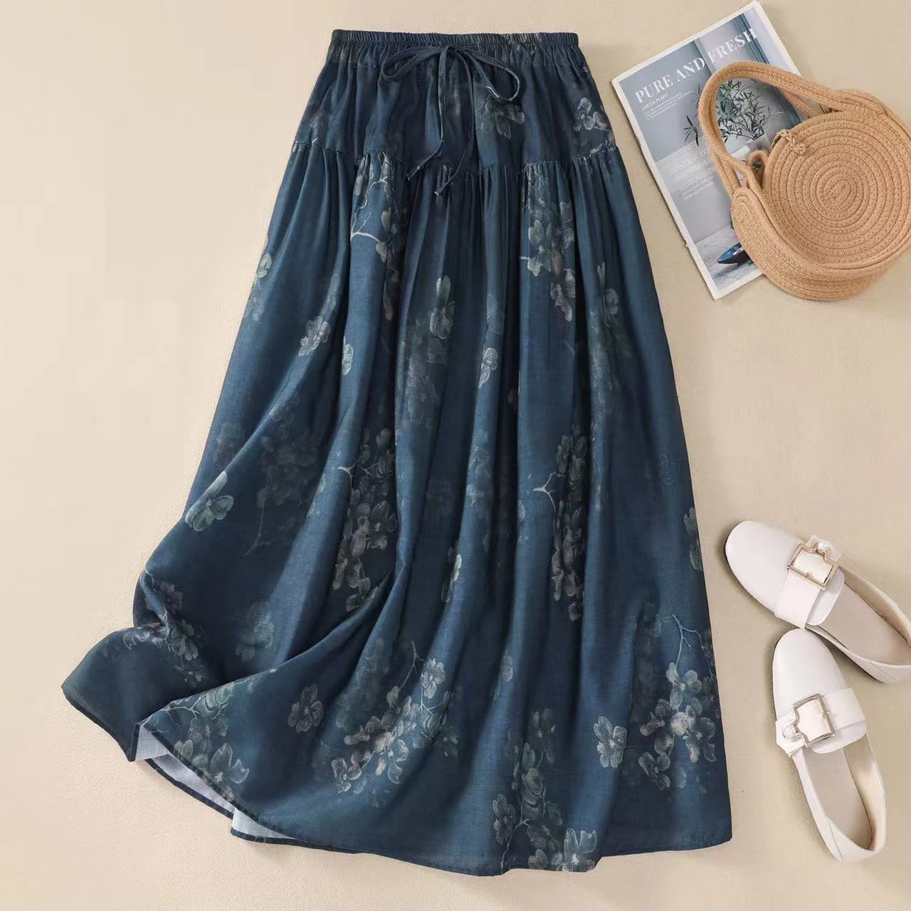 

Retro Bohemian Holiday Beach Skirts 2025 New Summer Women High Waist Floral Print Draped Midi Skirts Elegant A-Line Skirts