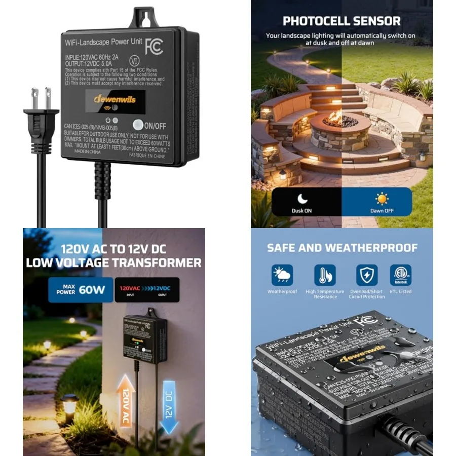 

60W WiFi Low Voltage Transformer, 120V AC to 12V DC, Smart Outdoor Low Voltage Landscape Transformer with Timer, Work with Alex