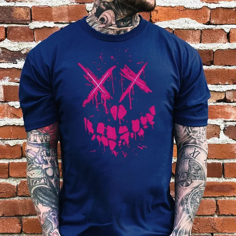 Fluorescent Pink Evil Emoji Graphic Black Print T-Shirt Men's T-Shirt Gothic Sweatshirt Y2K Summer Oversized