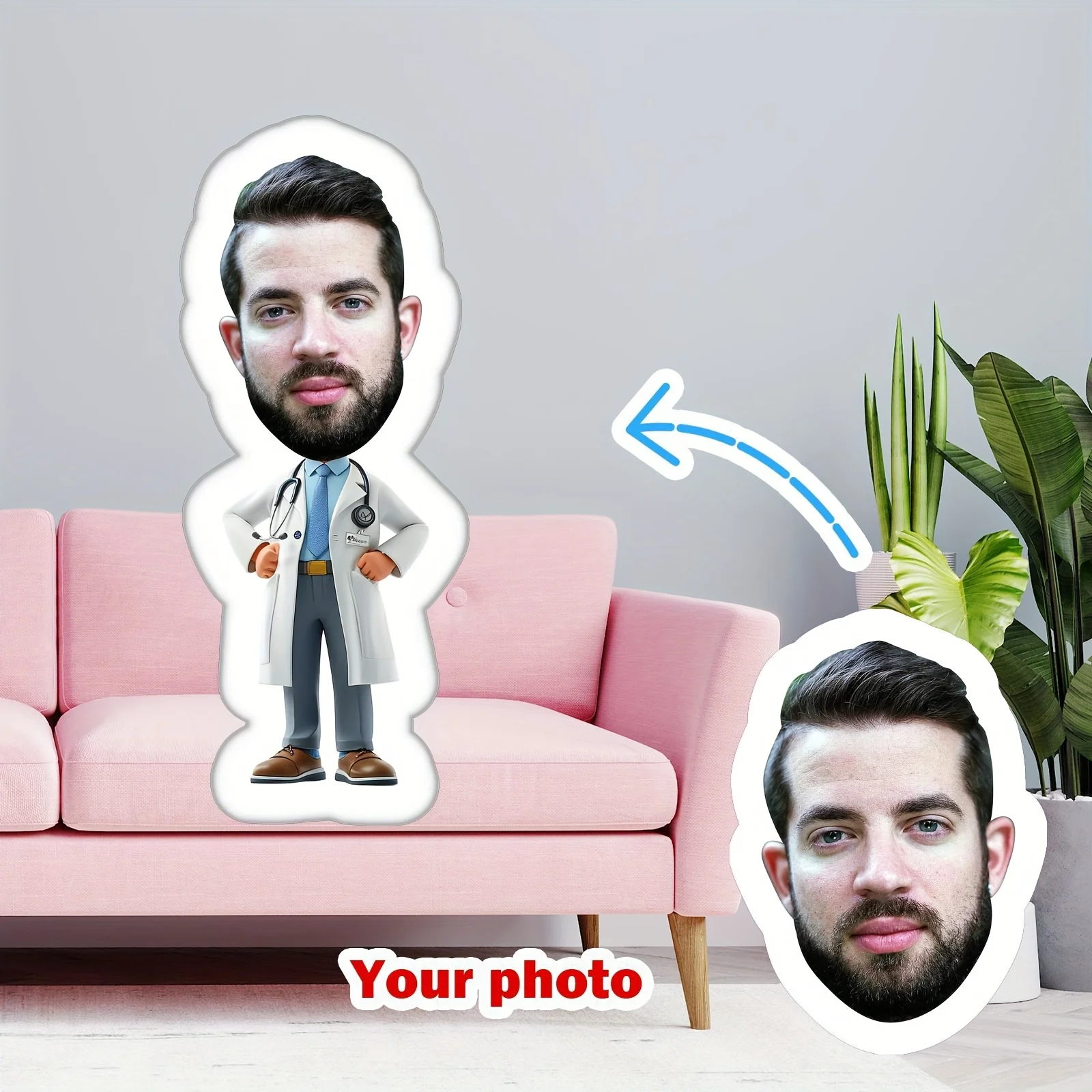One customized 3D facial pillow with personalized photo cushion in the shape of a big head doctor, bright colors, plush fabric,