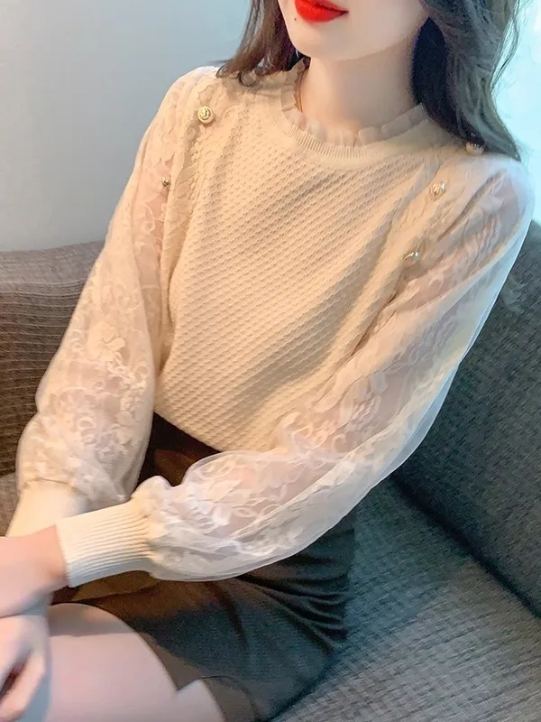 

Вязаная базовая кофта для женщин: весна-осень-зима, с кружевными вставками, утягивающая, модный топ, легкий люкс