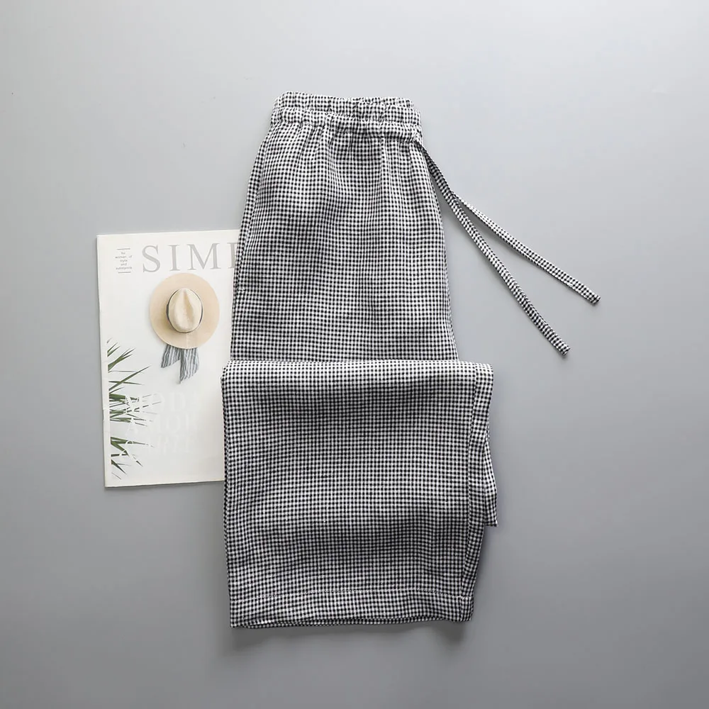 14 Pairs of Pure Linen Black and White Checkered Wide-Leg Pants for Women, Cropped Straight-Leg Pants for Summer