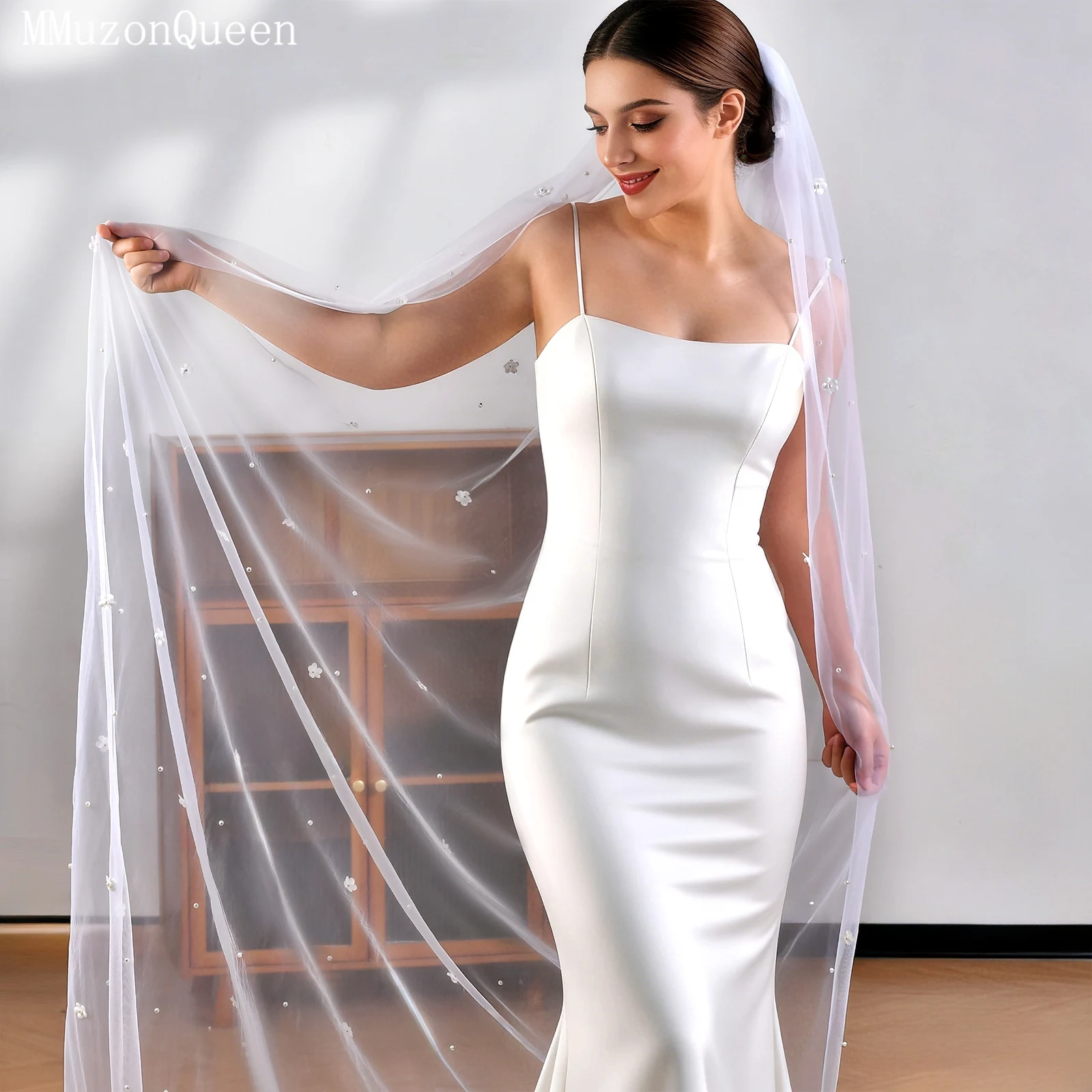 TOPQUEEN الأبيض ثلاثية الأبعاد الحجاب الزفاف الأزهار اللؤلؤ طرحة زفاف كريم شريط أبيض مشط اكسسوارات الزفاف للتخصيص V83