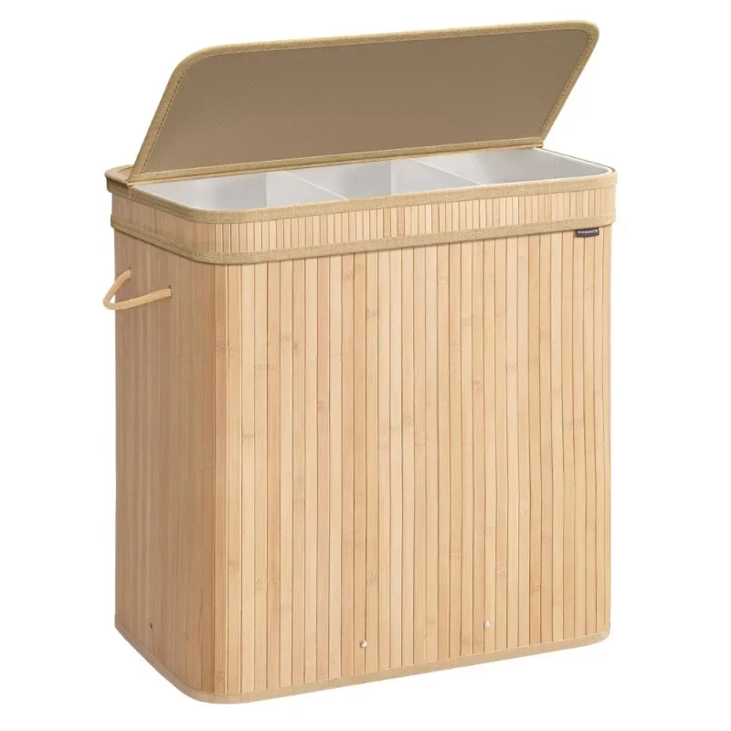 150 litter collapsible laundry basket 3 compartments with lid handles dirty clothes basket bamboo laundry hamper