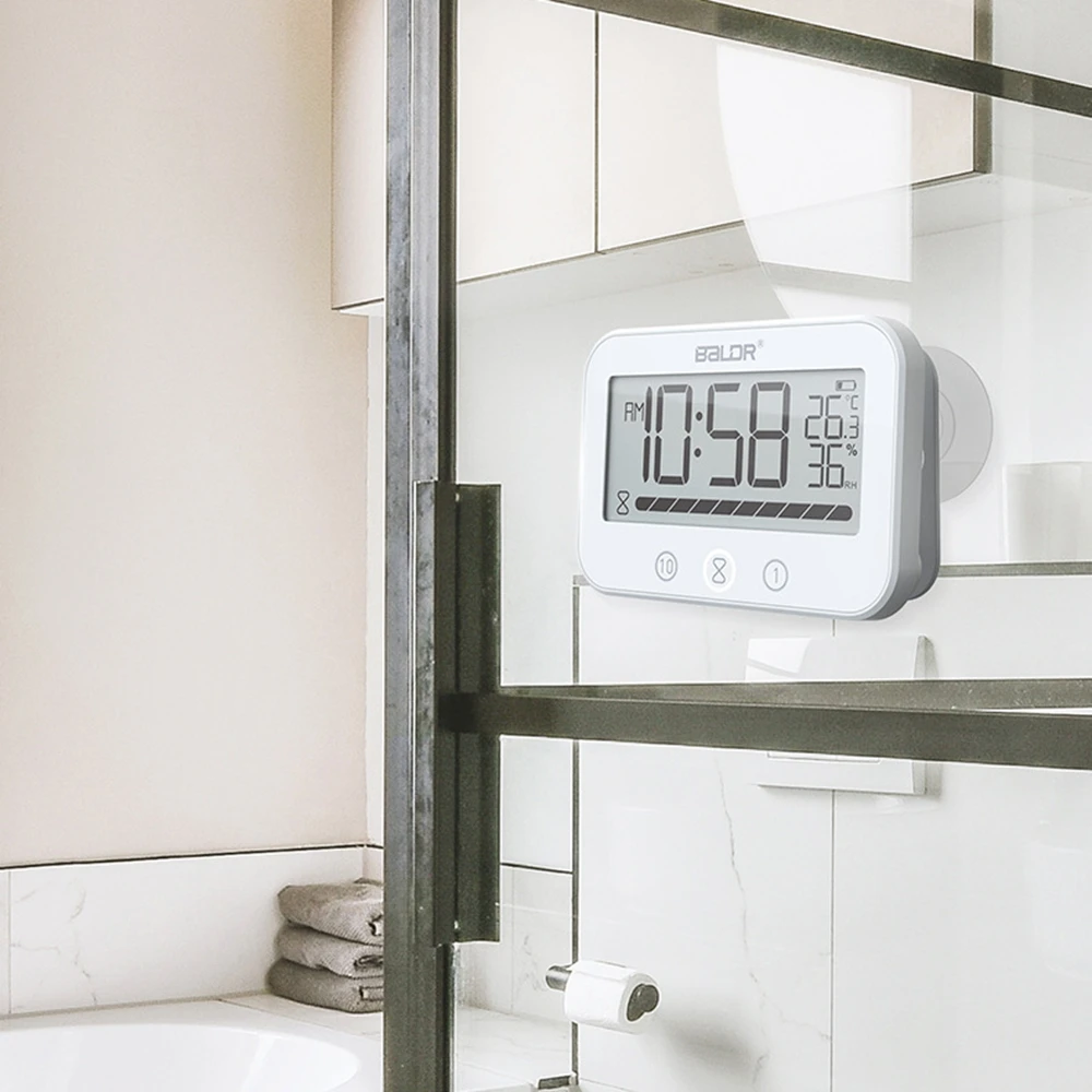 BLADR Touch Digital Shower Hygrometer Thermometer P54 Waterproof LCD Bathroom Kitchen Audible Atomic Alarm Clock Countdown Timer