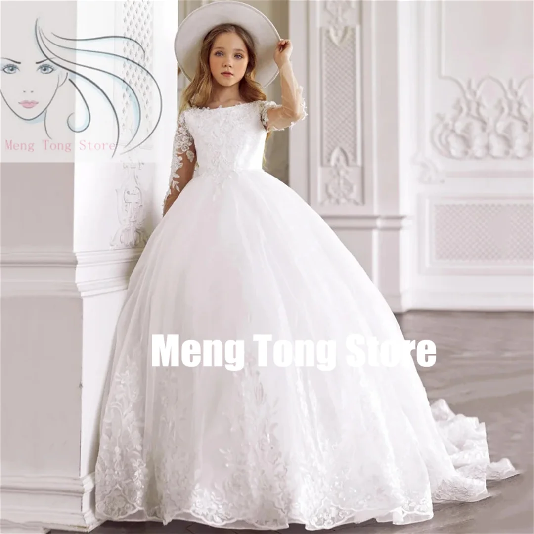 Customization  Long Sleeve White Tulle Flower Girls Dresses Wedding Birthday Party Banquet Prin Flory Appliques With Trailing