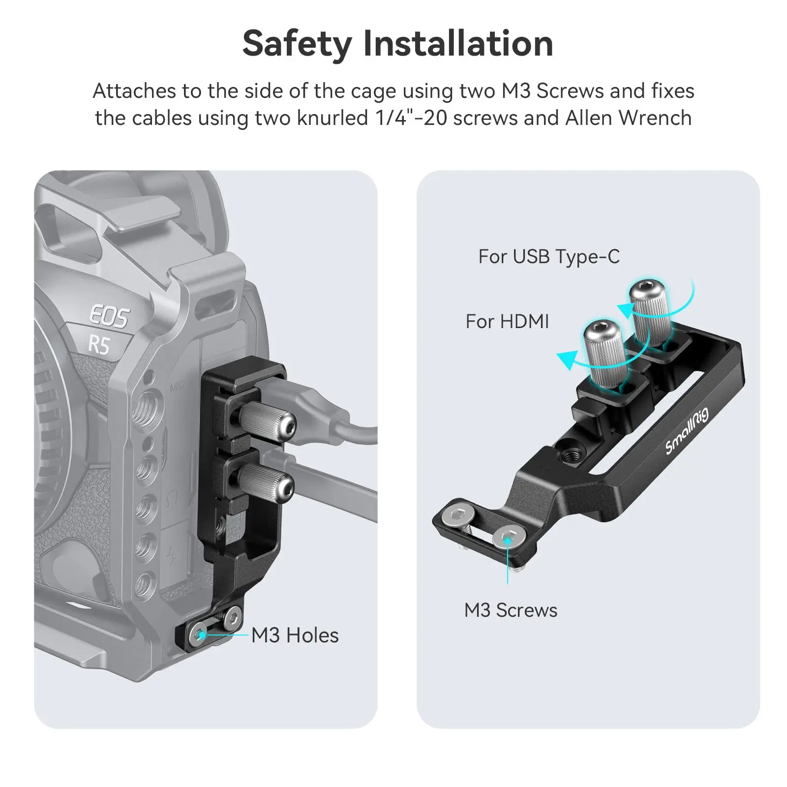 SmallRig HDMI-compatible and USB-C Cable Clamp for Canon R5 / R6 / R5 C Cage 2982/3464 and R6 Mark II Camera Cage 4159 - 2981B