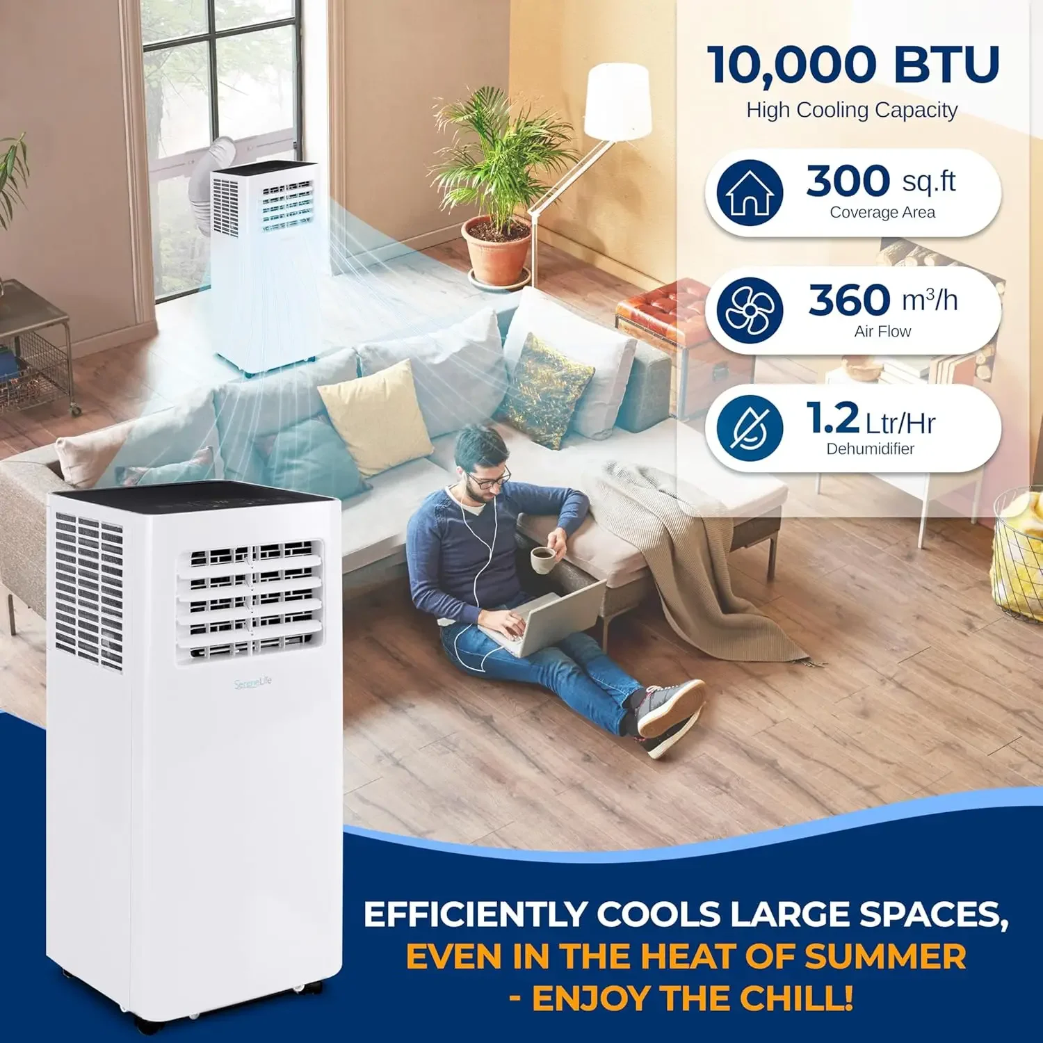 Pequeno portátil de ar 10.000 BTU com desumidificador embutido, unidade de CA para salas, até 450 pés quadrados, aplicativo Wi-Fi, controle remoto