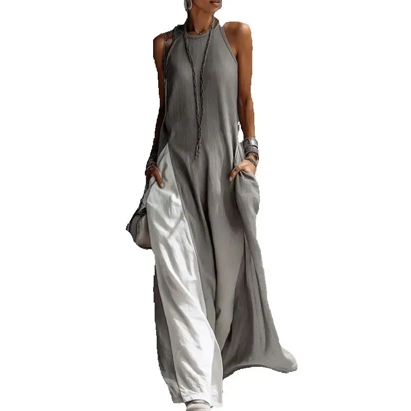 Casual mouwloze zomer Boho vakantie maxi-jurk vrouw sexy O-hals contrasterende kleur lange jurk lente zak A-lijn feestjurken - afbeelding 2