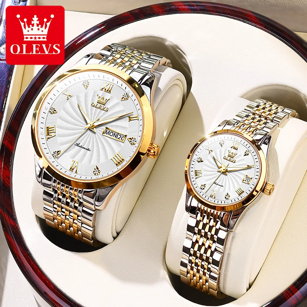 

OLEVS 6630 Automatic Mechanical Couple Watch Luminous Stainless Steel Waterproof Top Brand Luxury Wristwatch Gift For Women Man