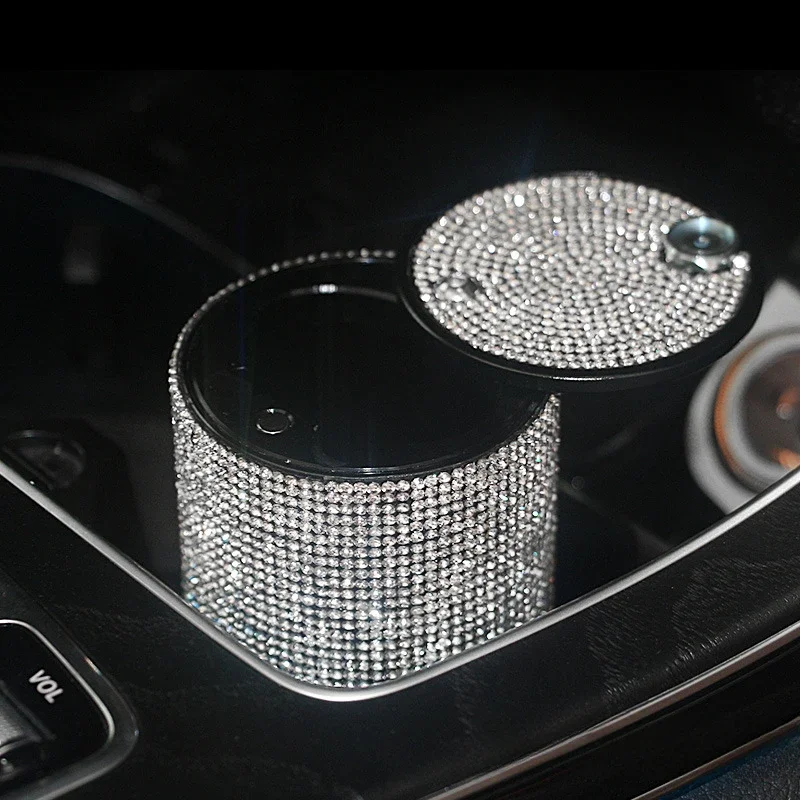 Shiny Rhinestone Crystal Car Ashtray Metal Auto Portable Cigarette Smokeless with LED Light Indicator Car Accessories for Women