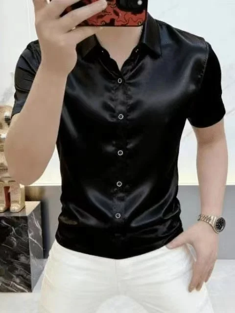 Men's Summer Quick Dry Short Sleeve Shirt Fashionable Simple Luxury Acetate Drapey Versatile Handsome High-End Feel European ...