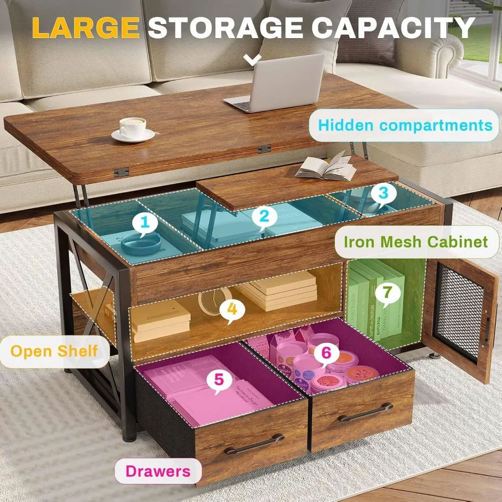 Salontafel in boerderijstijl met hefblad en opbergkast voor woonkamer, 4-in-1 functionele kleine salontafel met 2 lades