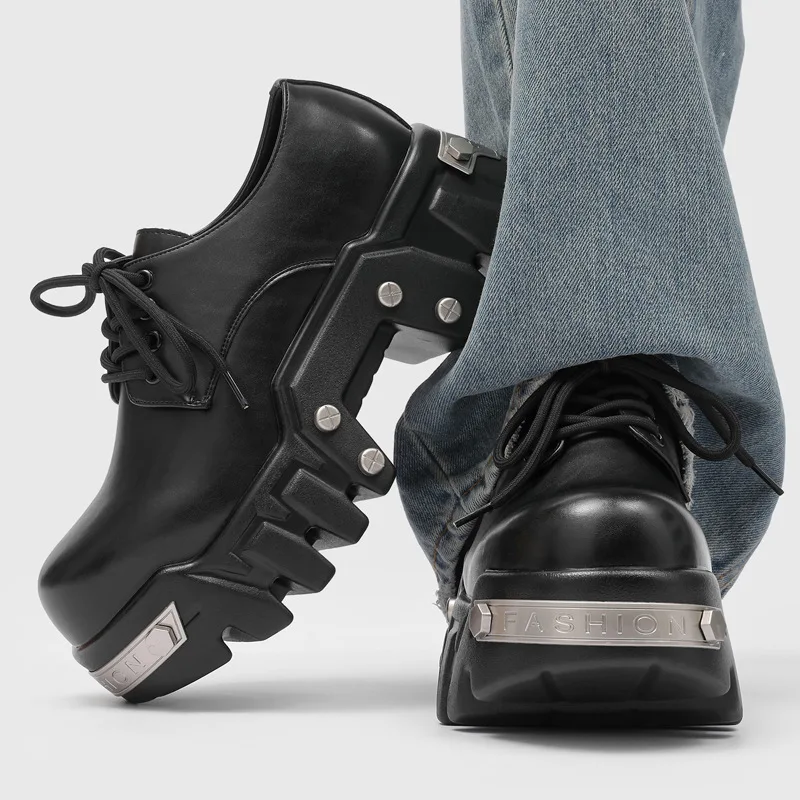 mens fashion stage nightclub natural leather shoes lace-up derby shoe black designer platform sneakers stylish cool footwear man